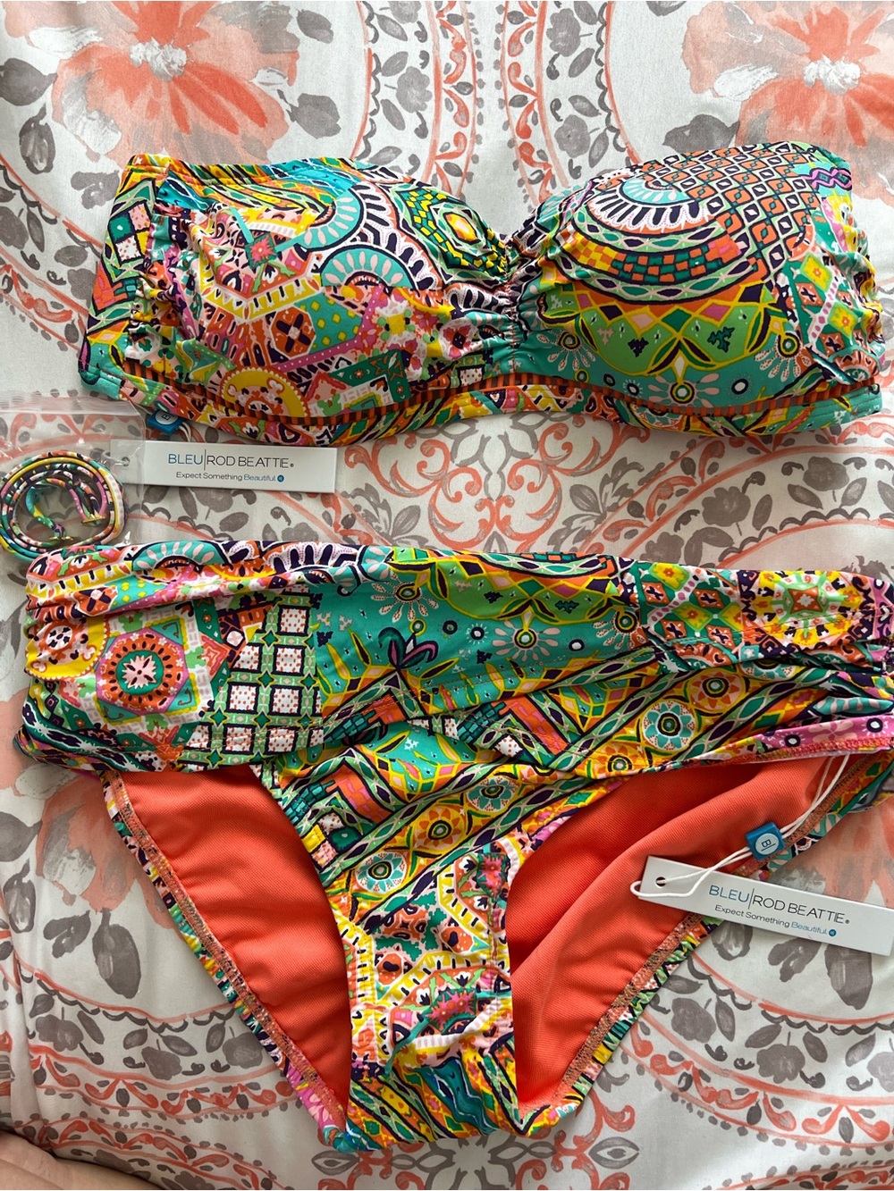 Bleu Rod Beattie Multicolor Bandeau Bikini — Teal, Coral, Yellow, Pink - Picture 9 of 9